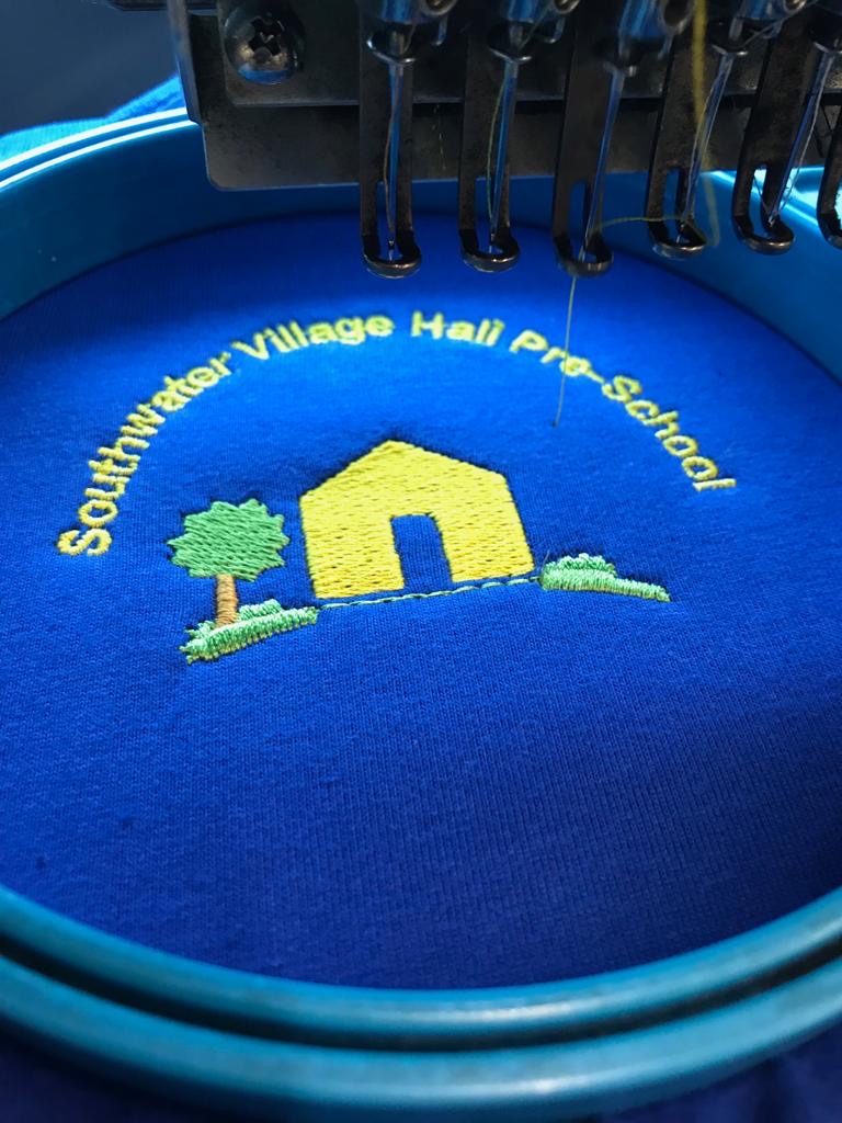 Southwater Village Hall Pre-School embroidery in production